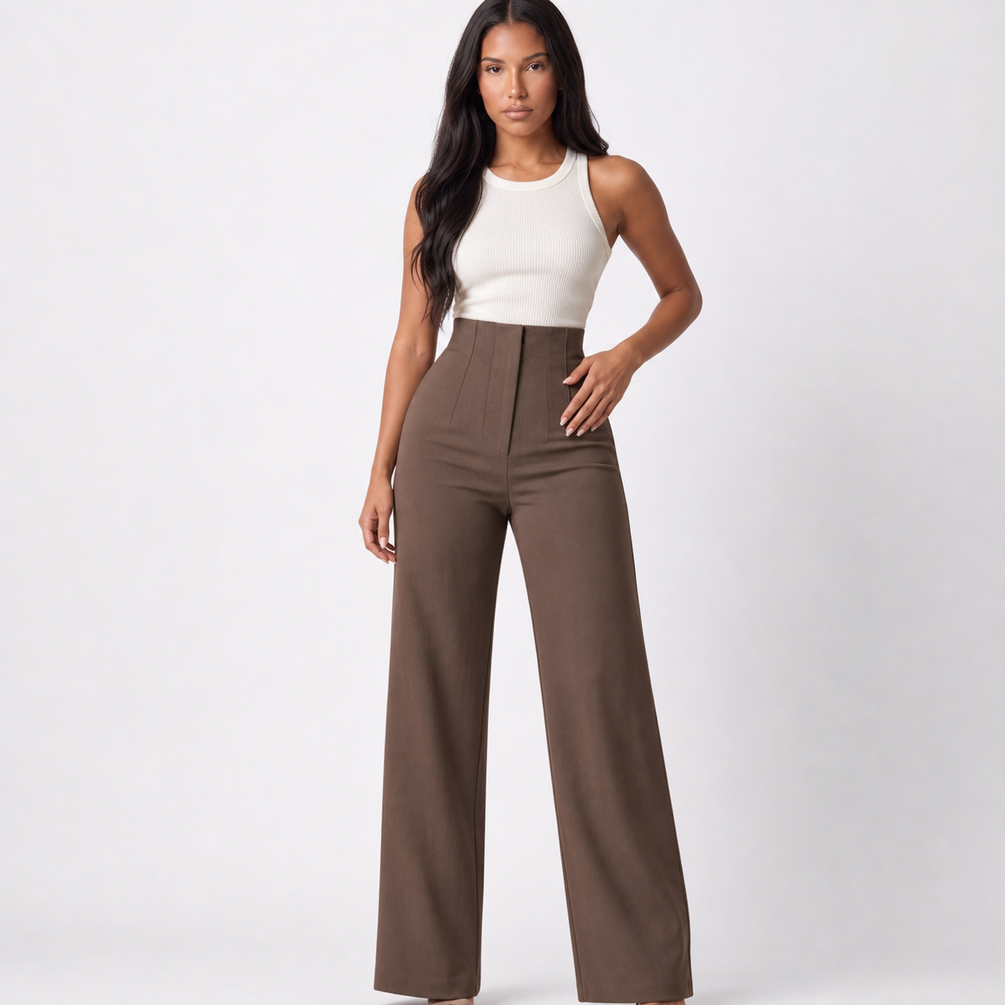 Women Casual Drapey Solid Color Wide Leg Pants – Brown – variant hero