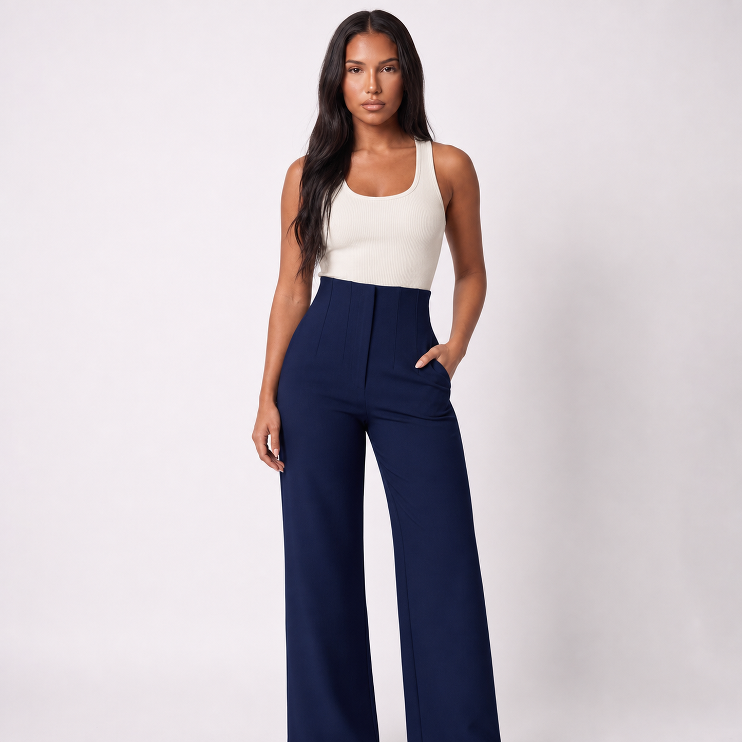 Women Casual Drapey Solid Color Wide Leg Pants – Navy blue – variant hero