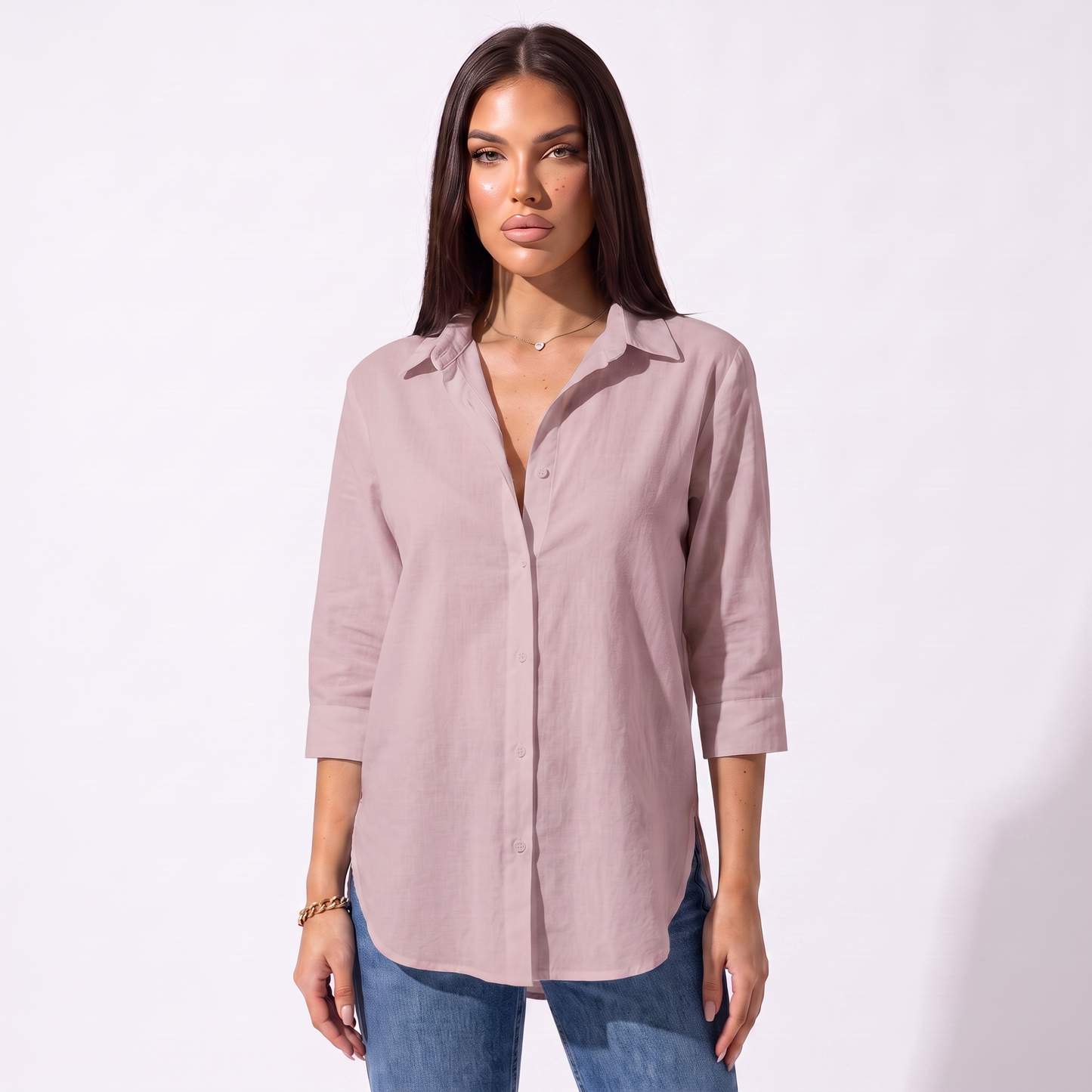 Loose V-neck button shirt, Leather powder, full look
