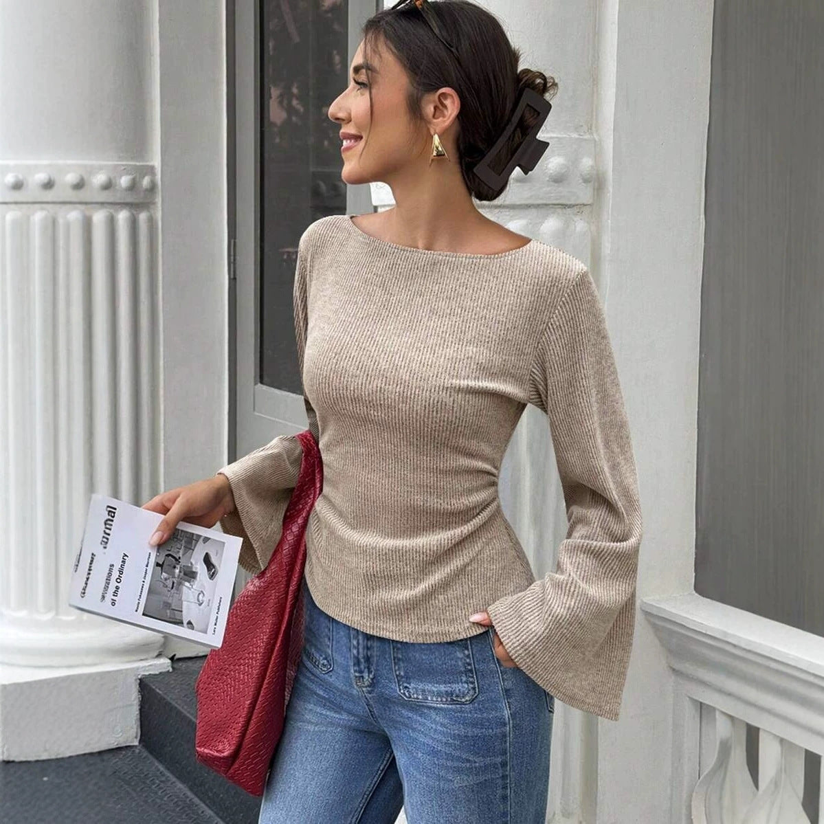 Waist-Cinch Flare-Sleeve Knit Top - Apricot