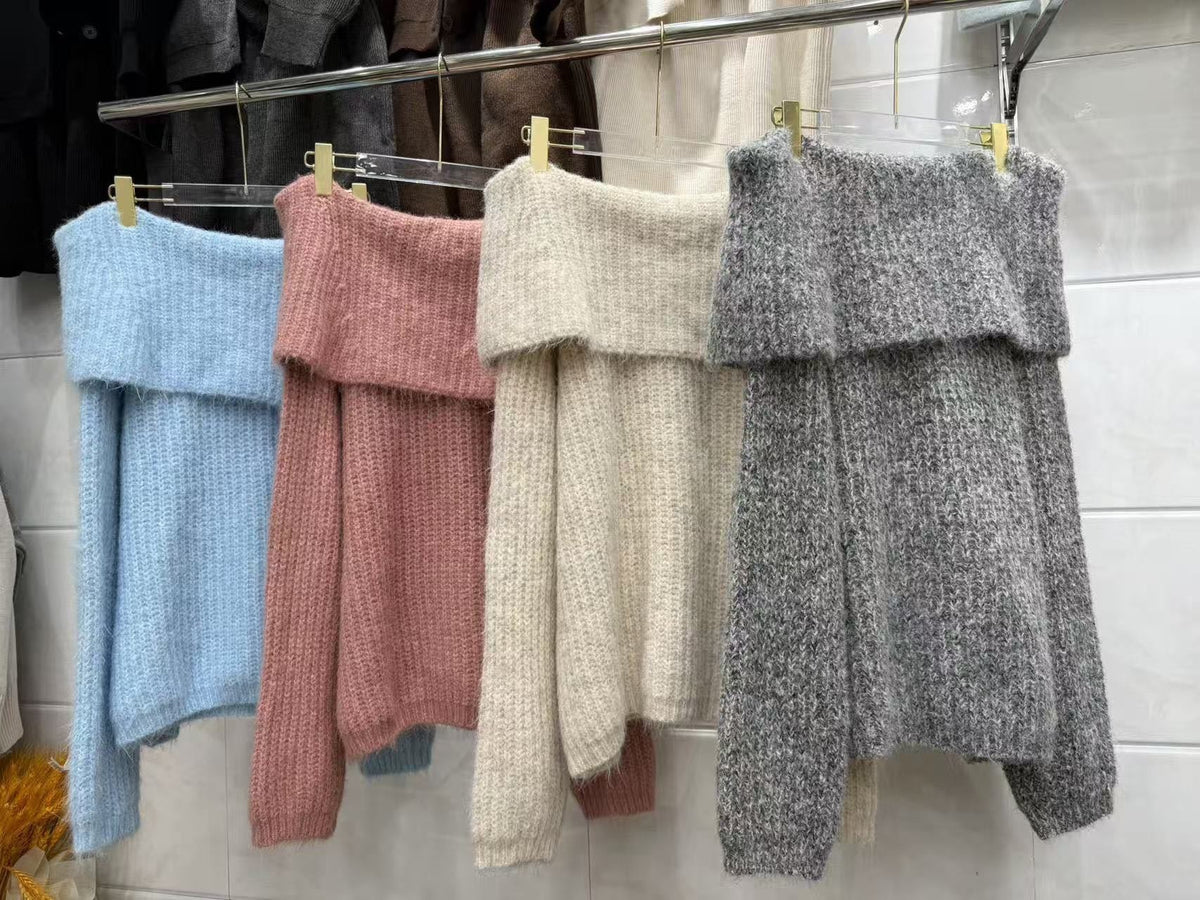 One-Shoulder Chunky Knit Sweater - Blue