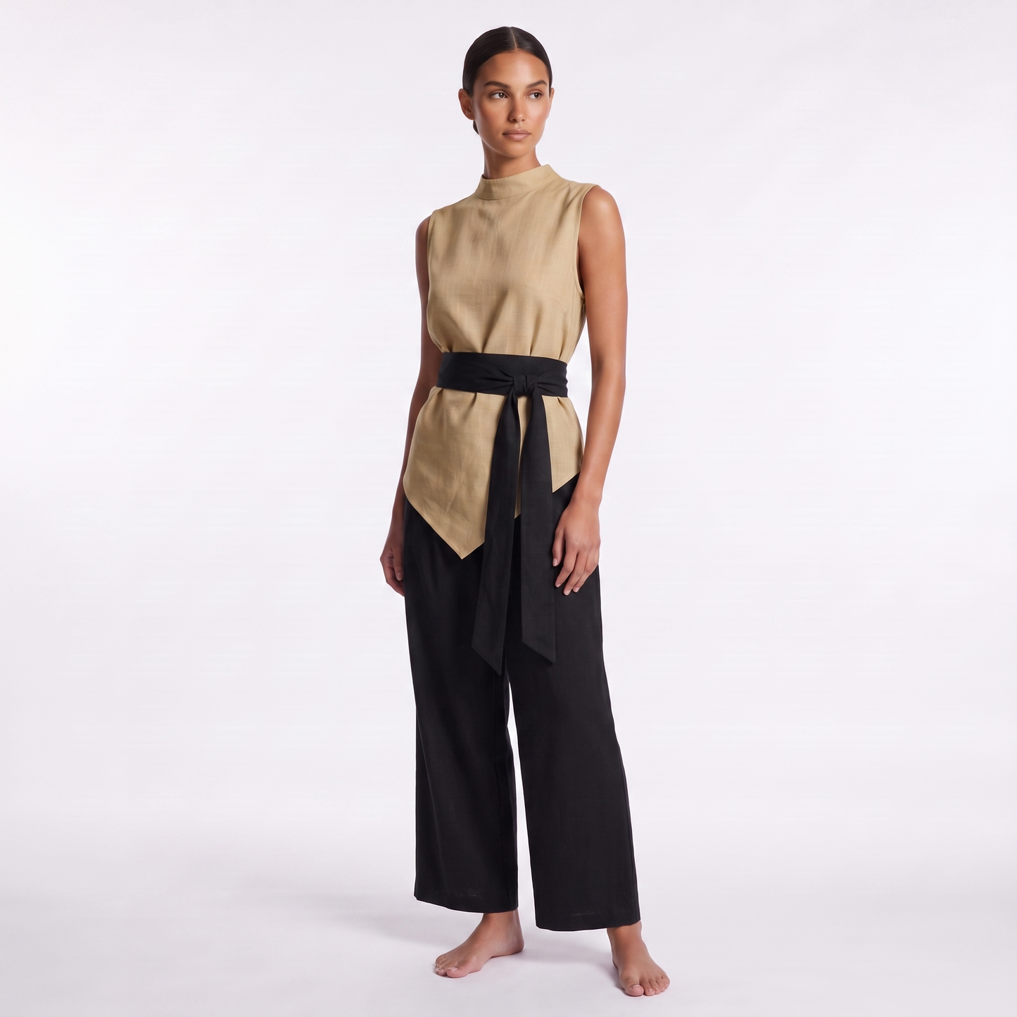 Sleeveless mock-neck top and wide-leg pants set, Khaki, full look