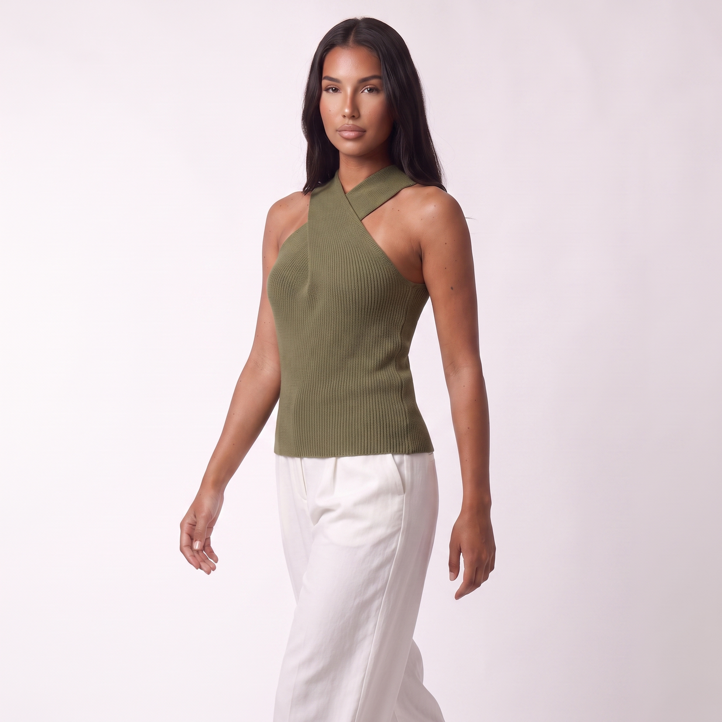 Criss-cross halter knit vest, Army green, full look