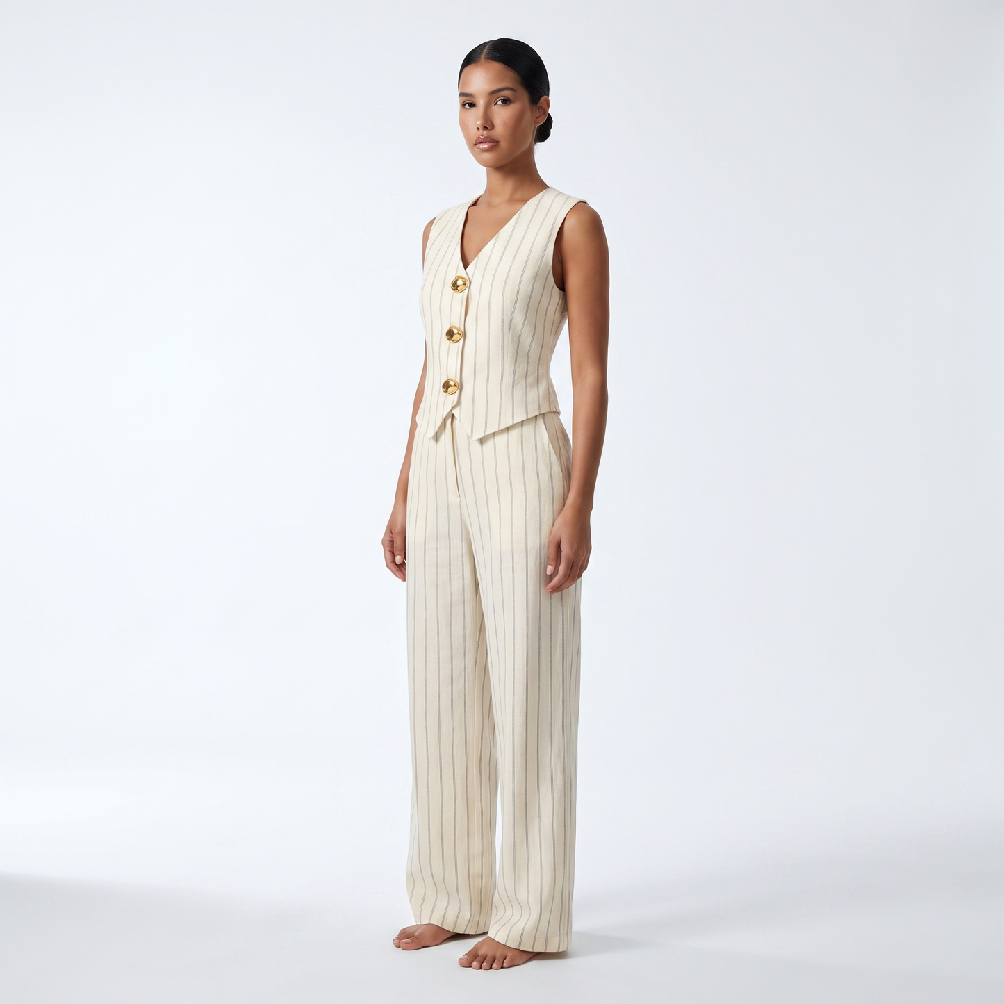 Cream pinstripe vest and trousers set, three-quarter view