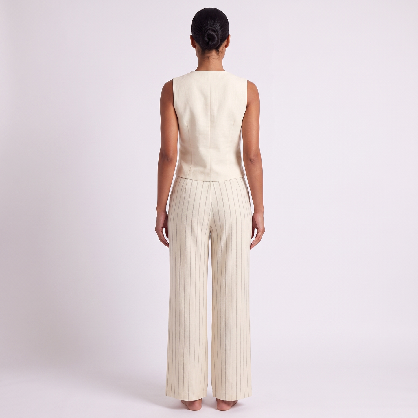 Cream pinstripe vest and trousers set, back view