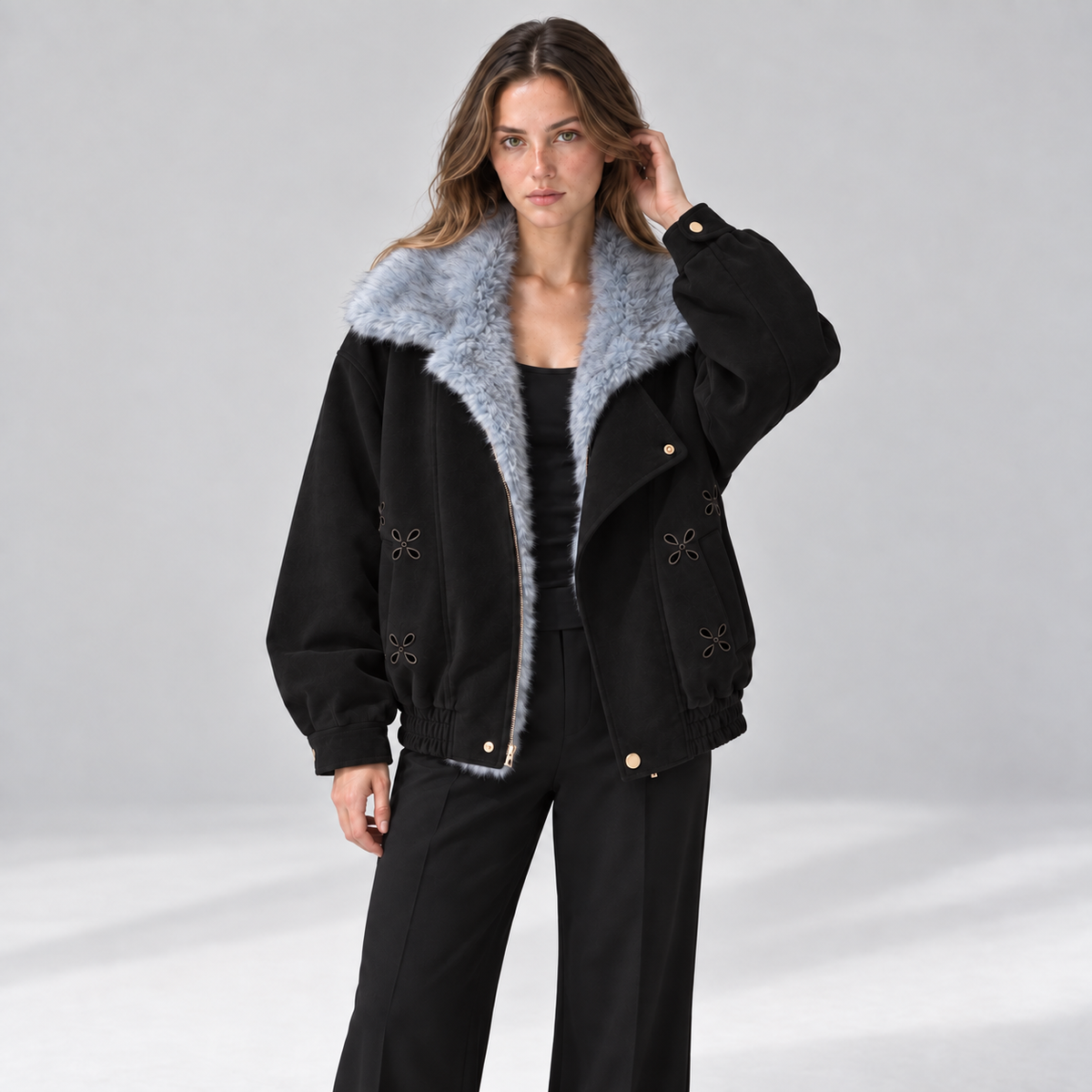 Fur-collar bomber jacket — Black — front — studio 31-4