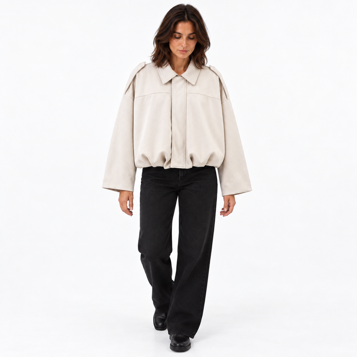 Suede Texture Bomber Jacket — Beige — front — studio 1-4