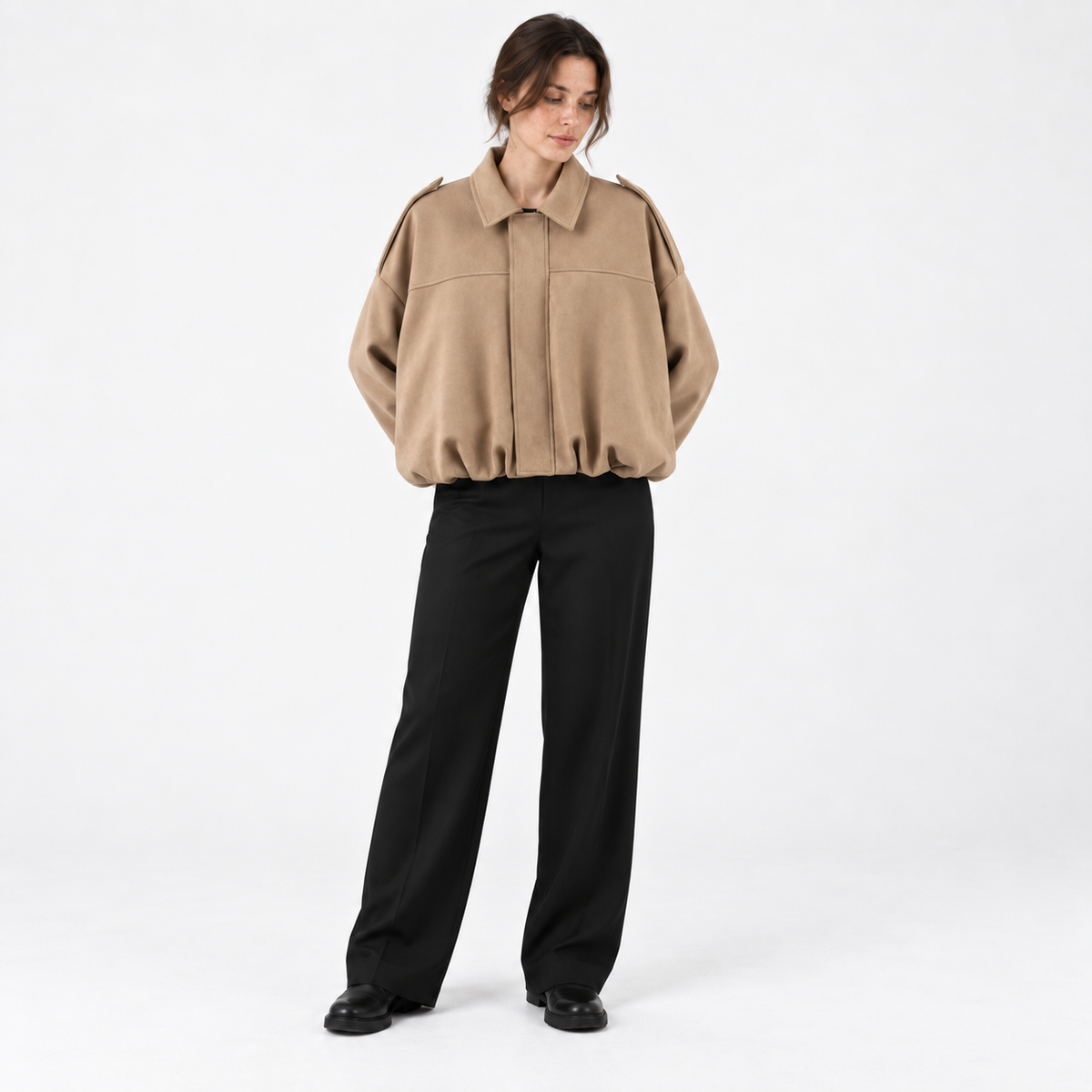 Womens Batwing Sleeve Bomber Jacket — Khaki — front — studio 6-5