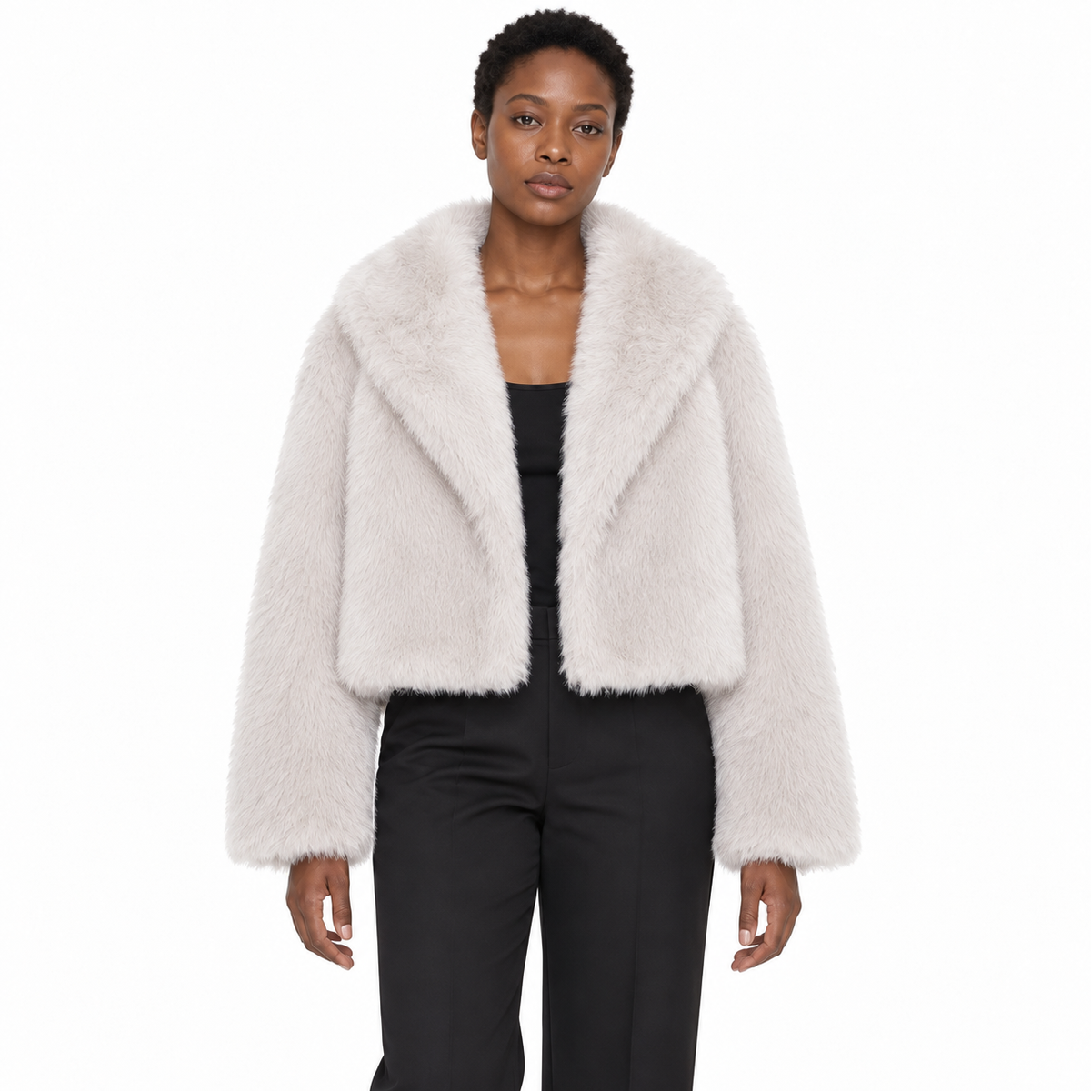 Faux Fur Lapel Collar Women's Short Coat — White off-the-shoulder — front — studio 22-5