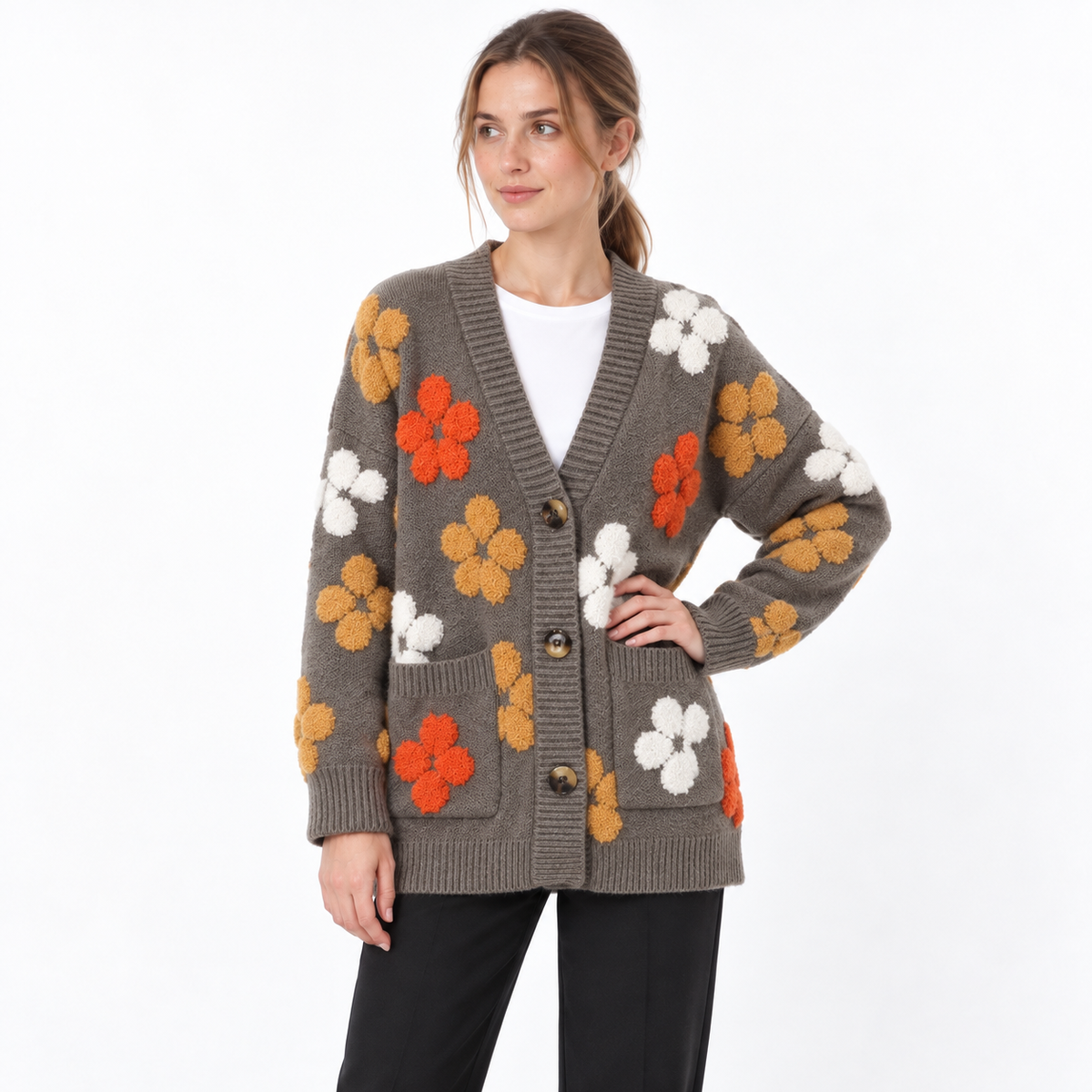 Sweet Knitted Cardigan for Women — Brown — front — studio 35-4