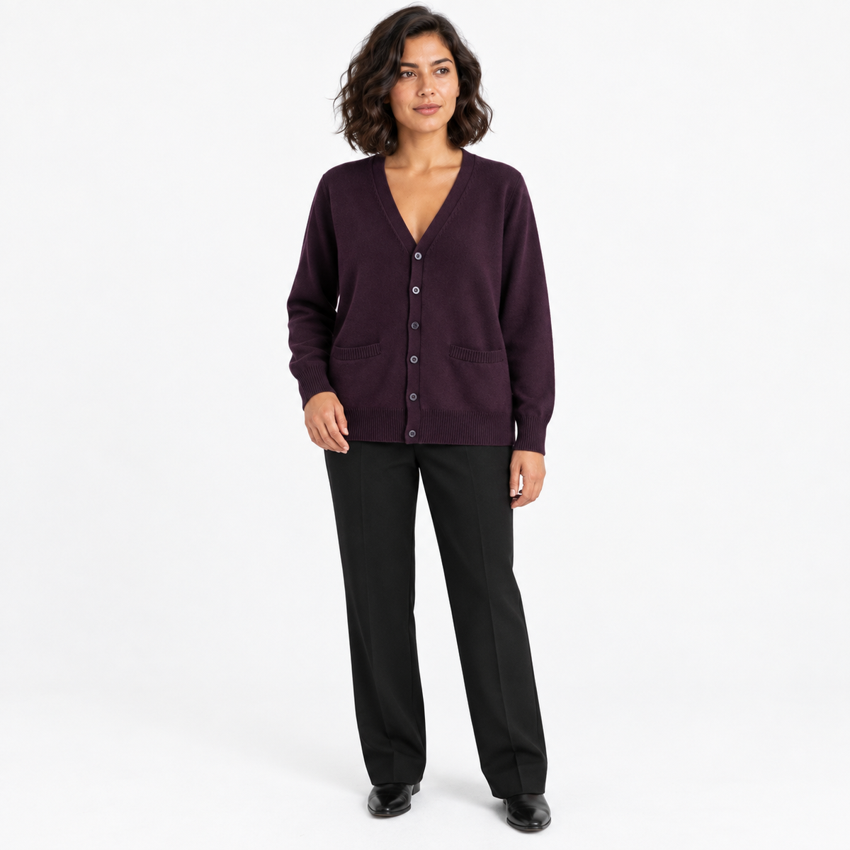 Japanese Style Knitted Cardigan — dark purple — front — studio 38-4