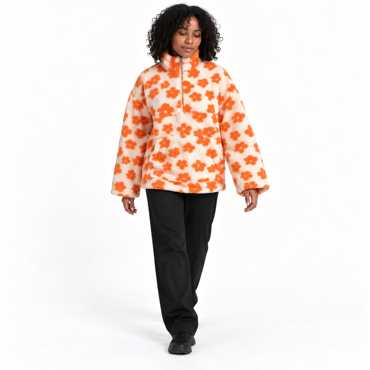 Down puffer flowered pullover — Orange-white — front — studio 47-5