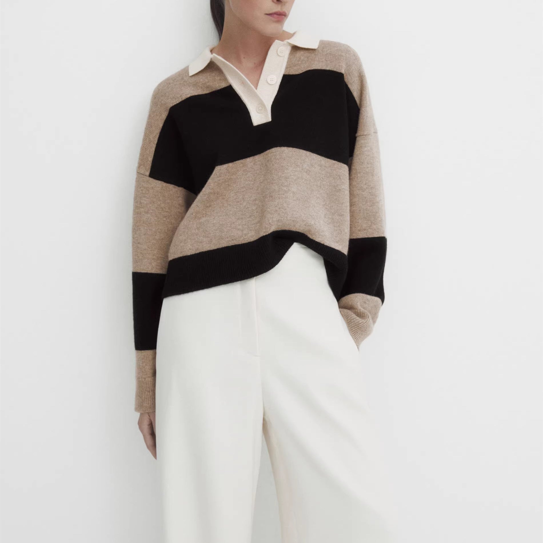 Striped Collared Crop Knit Sweater - Camel Stripe front