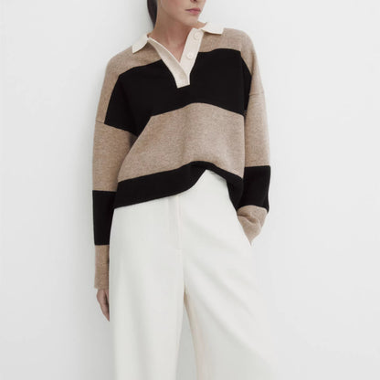 Striped Collared Crop Knit Sweater - Camel Stripe front