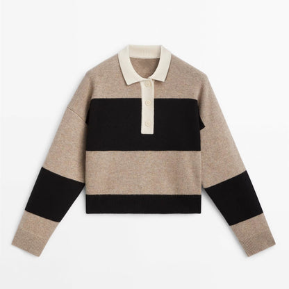 Maeve Women's Knitted Jumper - Striped Collared Cropped Knit