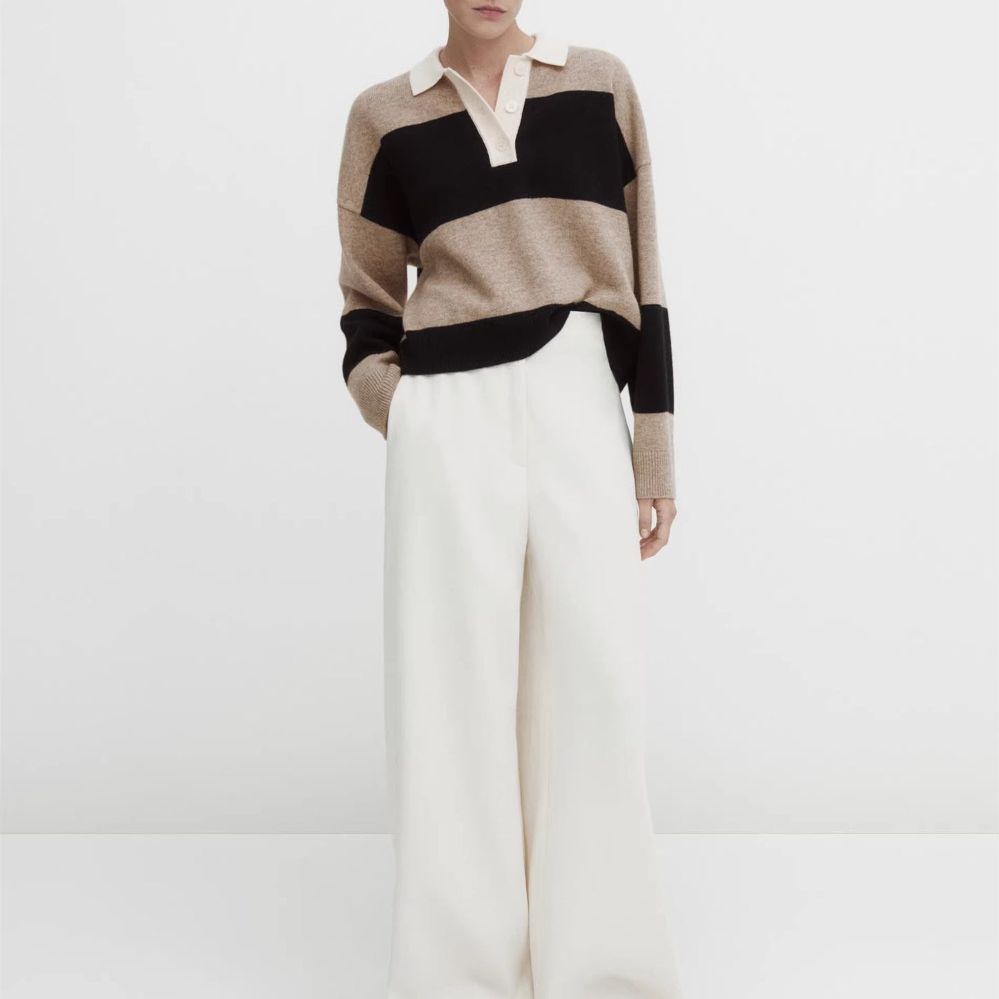 Maeve Women's Knitted Jumper - Striped Collared Cropped Knit