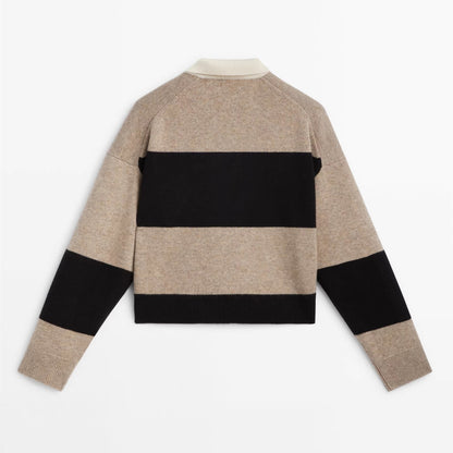 Maeve Women's Knitted Jumper - Striped Collared Cropped Knit