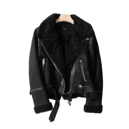 Maeve & Co Women's Faux Shearling Jacket - Suede Biker Aviator Coat, Short Zip-Up