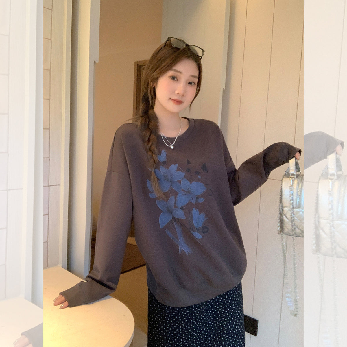 Maeve & Co Women's Floral Sweatshirt - Oversized Crew Neck Printed Pullover, Charcoal