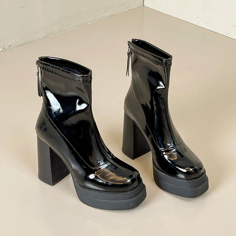 Maeve Women's Platform Ankle Boots - Patent Block-Heel, Black
