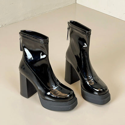 Maeve Women's Platform Ankle Boots - Patent Block-Heel, Black