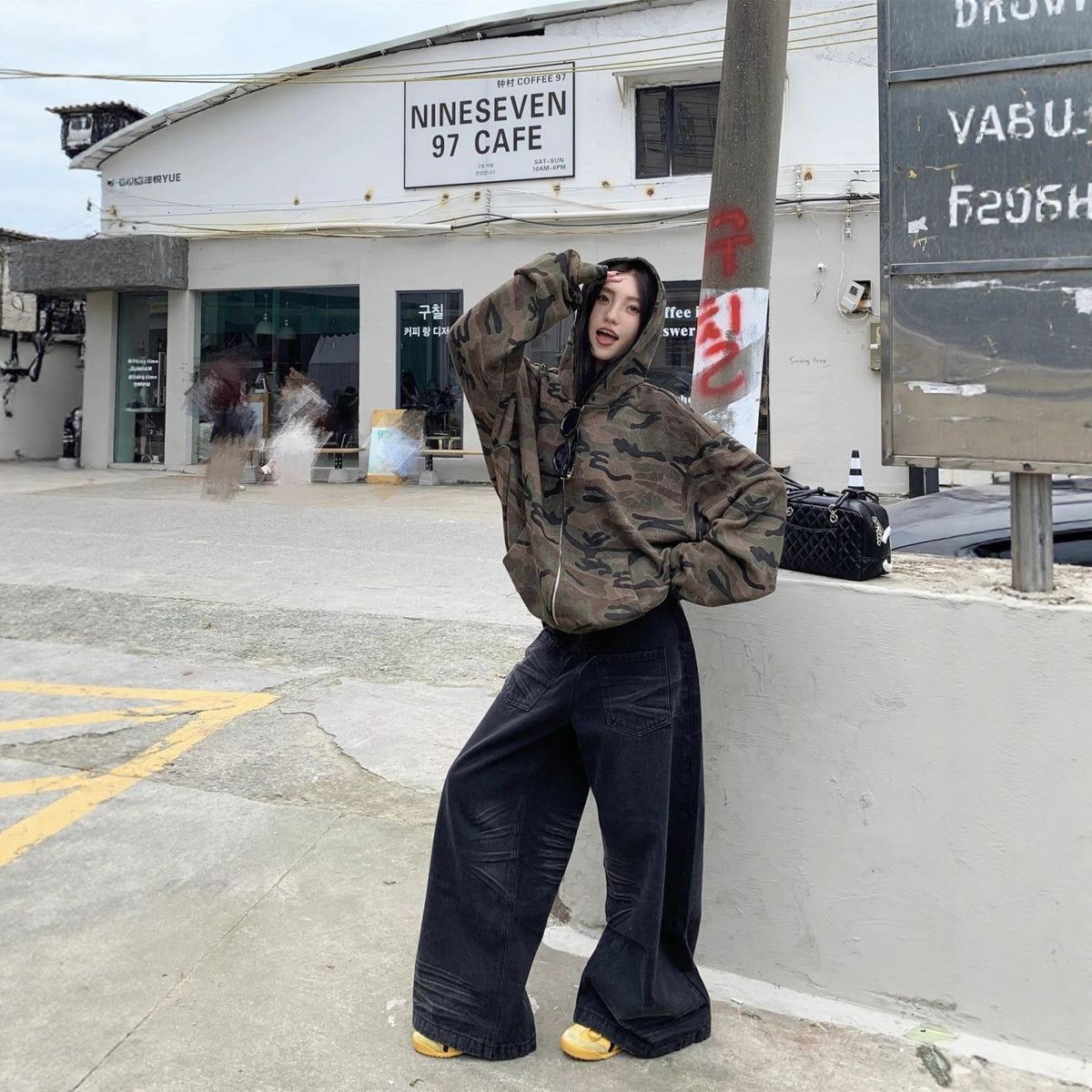 Maeve & Co Women's Camo Zip Hoodie - Oversized Hooded Camouflage Jacket