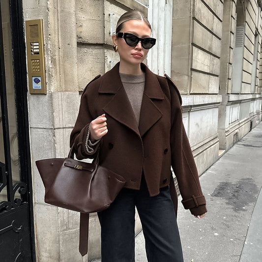 Maeve Women's Wool-Blend Coat - Double-Breasted Notch Lapel, Brown