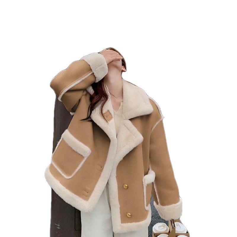 Maeve & Co Women's Shearling Aviator Jacket - Faux Lamb Fur Collared Short Jacket