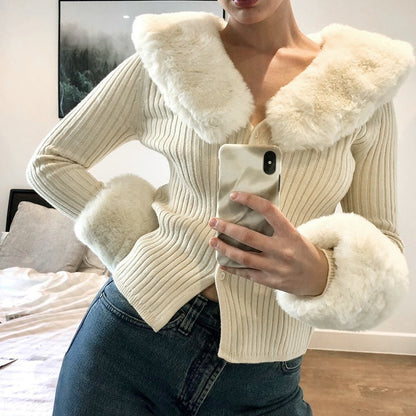 Maeve & Co Women's Faux Fur Trim Cardigan - Ribbed Knit Collared Cardigan Jacket