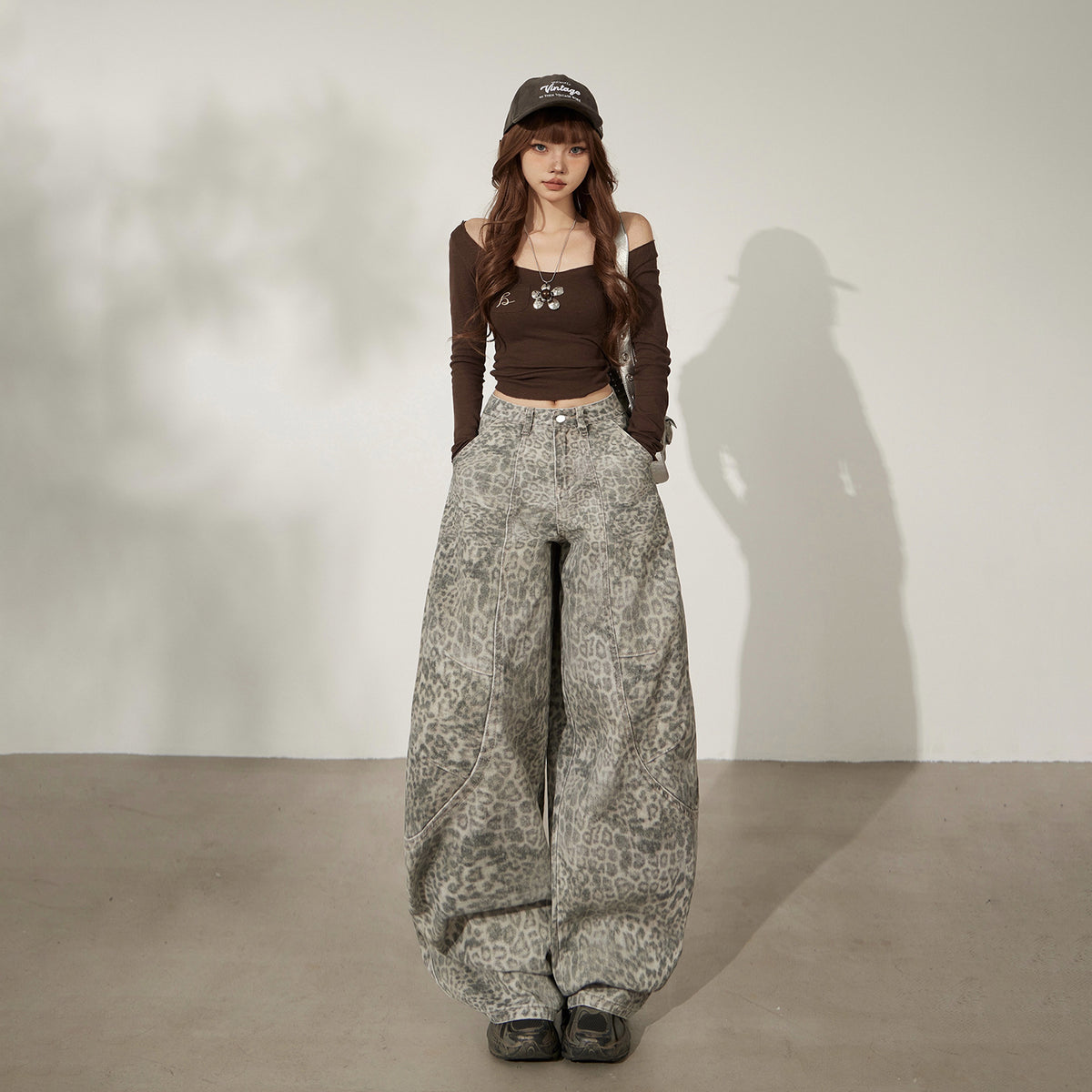 Maeve & Co Women's Leopard Print Jeans - High-Waisted Wide-Leg Floor-Length Denim