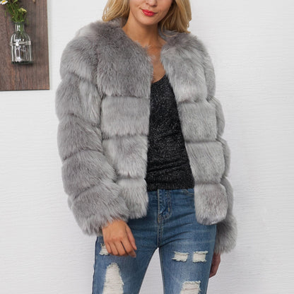 Maeve & Co Women's Faux Fur Coat - Crew Neck Fluffy Fur Jacket, Long Sleeve