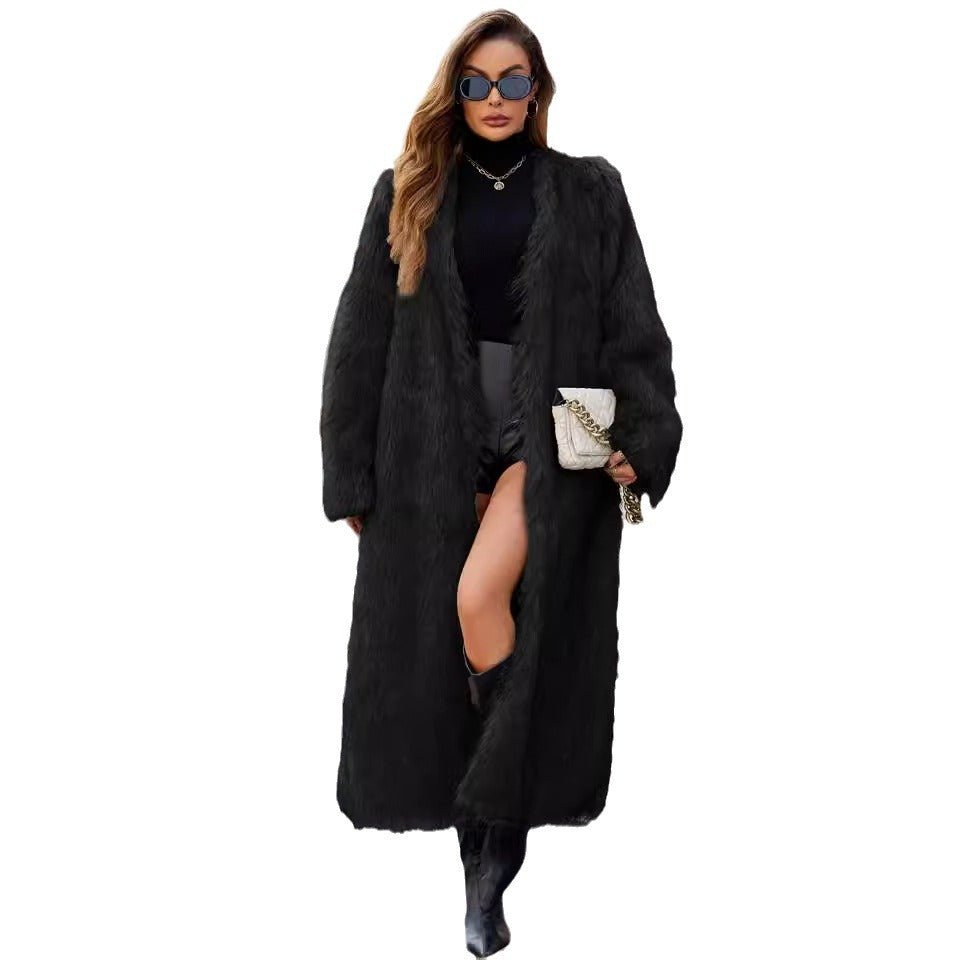 Maeve & Co Women's Faux Fur Coat - V-Neck Longline Fur Coat, Long Sleeve