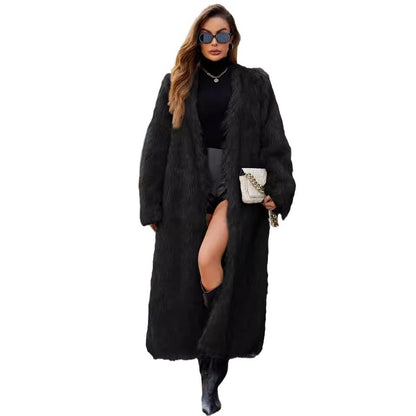 Maeve & Co Women's Faux Fur Coat - V-Neck Longline Fur Coat, Long Sleeve
