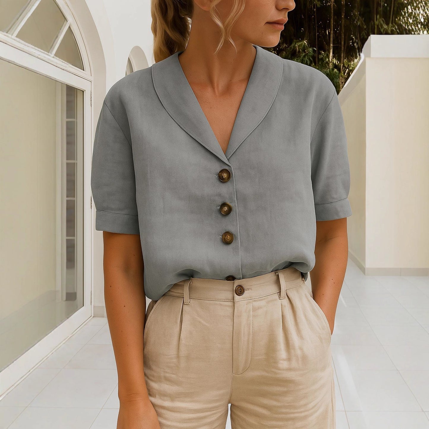 Women's Linen Blouse Cotton Linen, Lapel Collar, Button Front, Short Sleeve