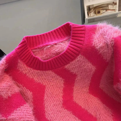 Maeve & Co Women's Fluffy Jumper - Wave Stripe Crew Neck Oversized Knit Pullover, Pink