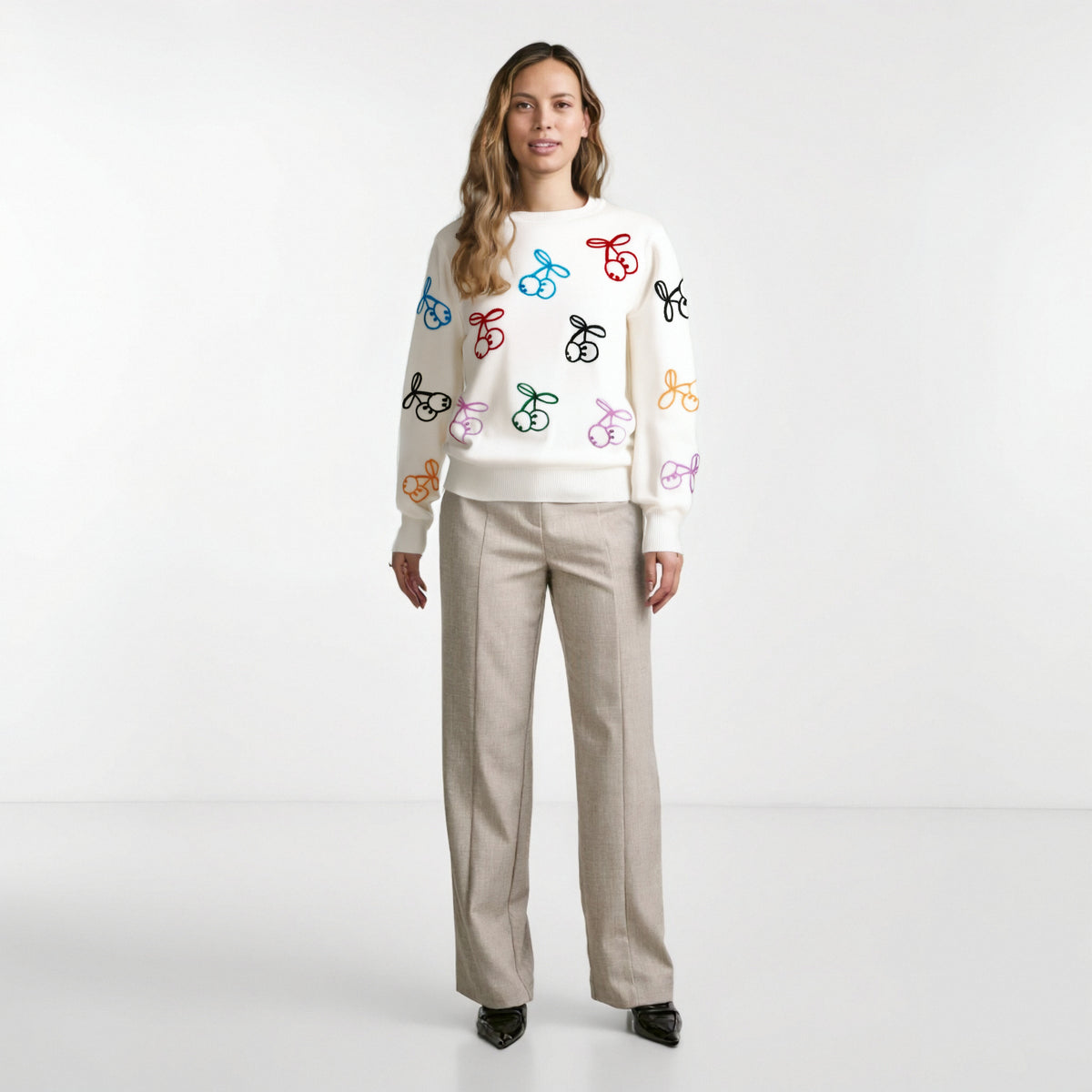 Maeve & Co Women's Cherry Jumper - Embroidered Crew Neck Loose Knit Pullover