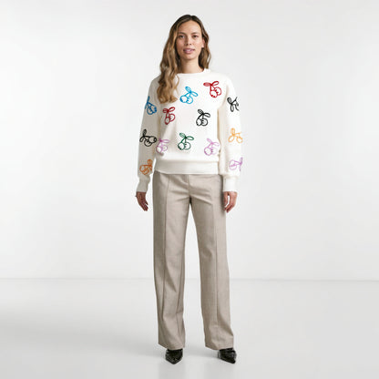 Maeve & Co Women's Cherry Jumper - Embroidered Crew Neck Loose Knit Pullover