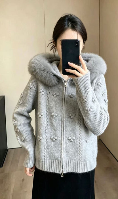 Maeve & Co Women's Faux Fur Hooded Cardigan - Zip-Up Knitted Cardigan Jacket