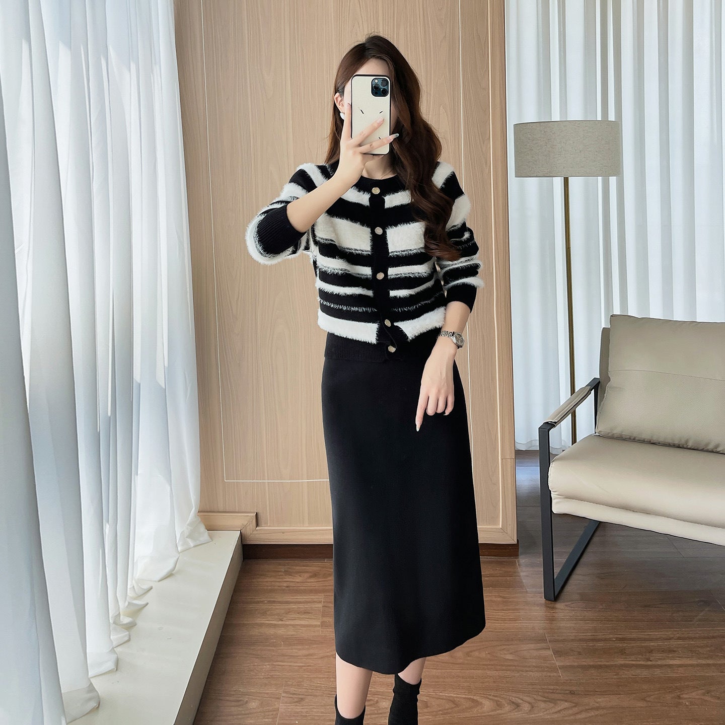 Maeve Women's Knitted Co-Ord Set - Striped Top & Midi Skirt