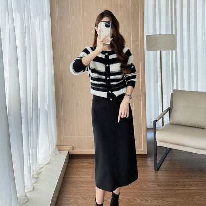 Maeve Women's Knitted Co-Ord Set - Striped Top & Midi Skirt