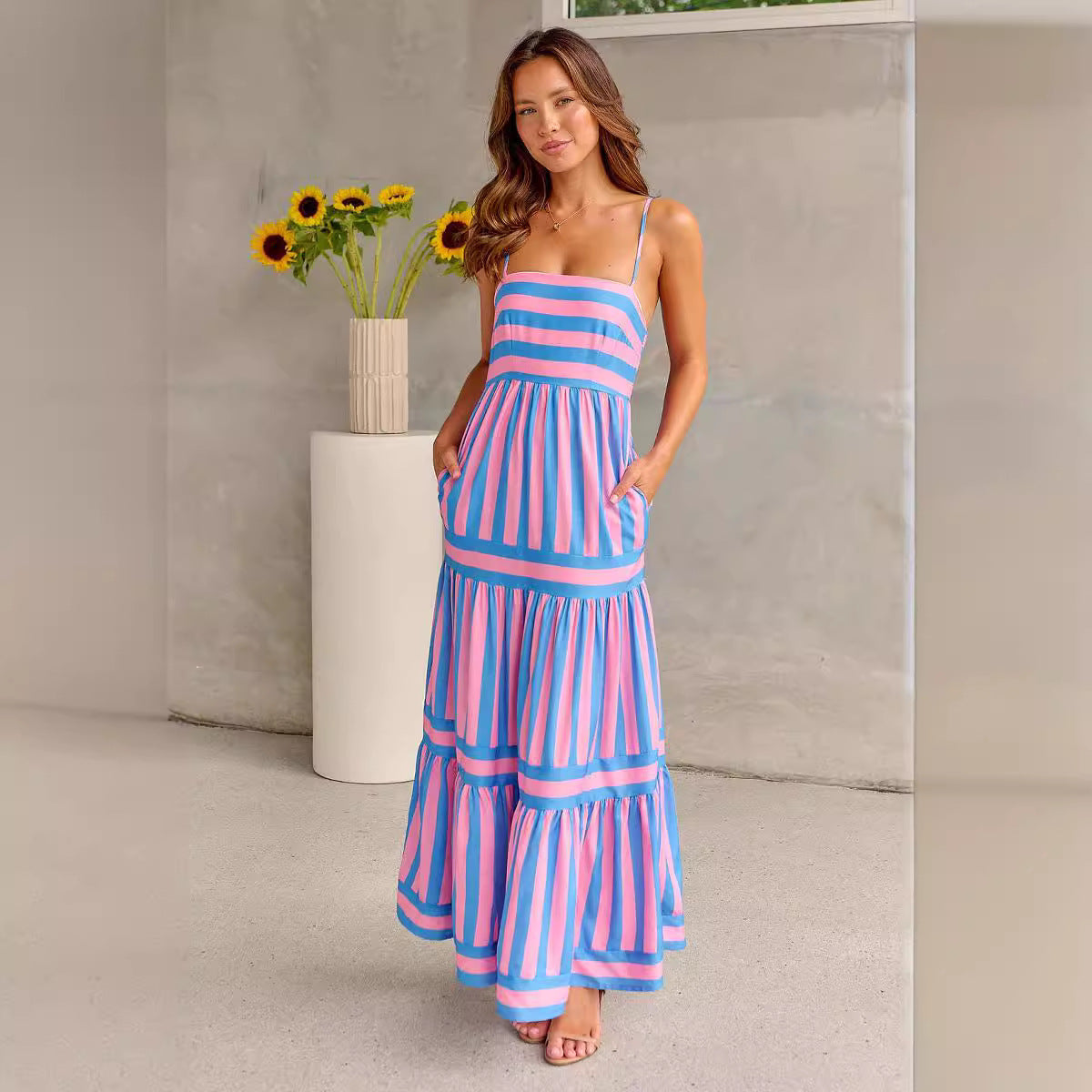 Women's Maxi Dress Backless, Tiered, Striped, Summer Sundress