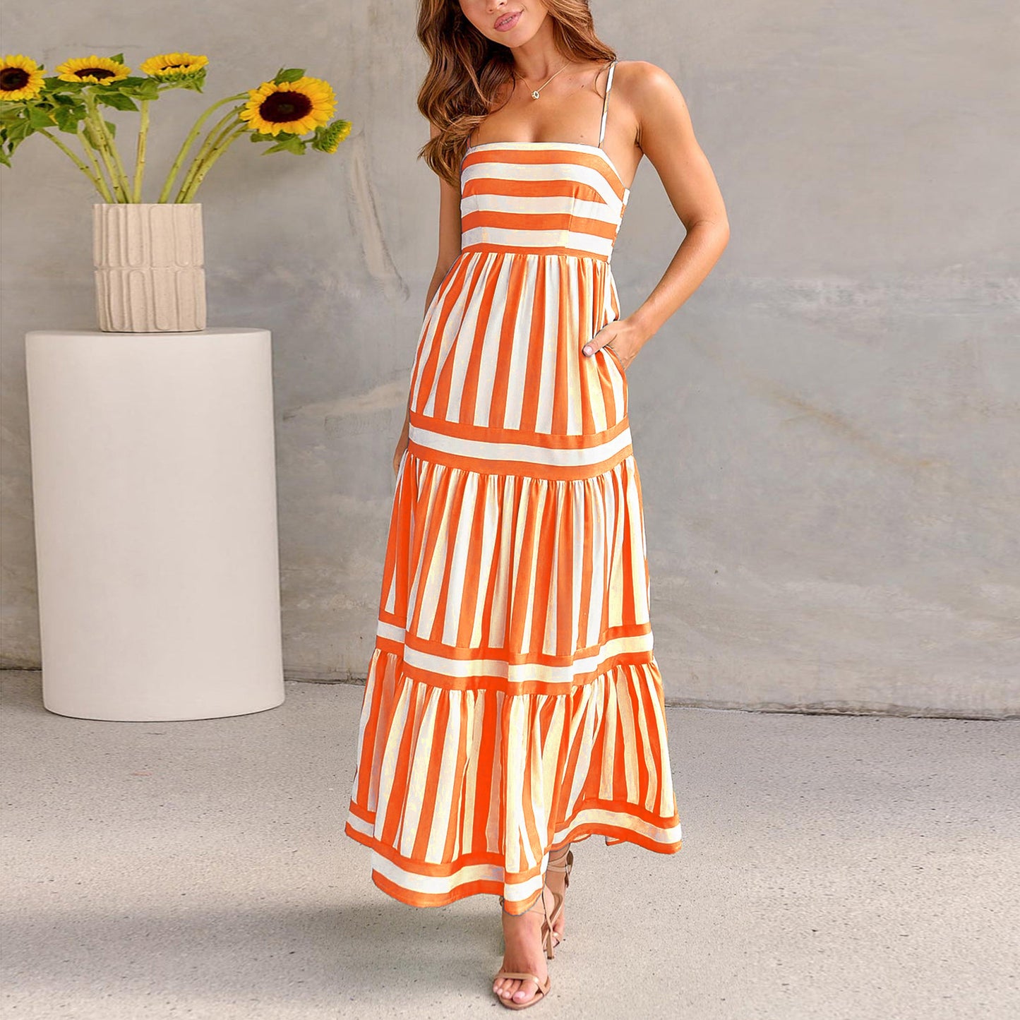 Women's Maxi Dress Backless, Tiered, Striped, Summer Sundress