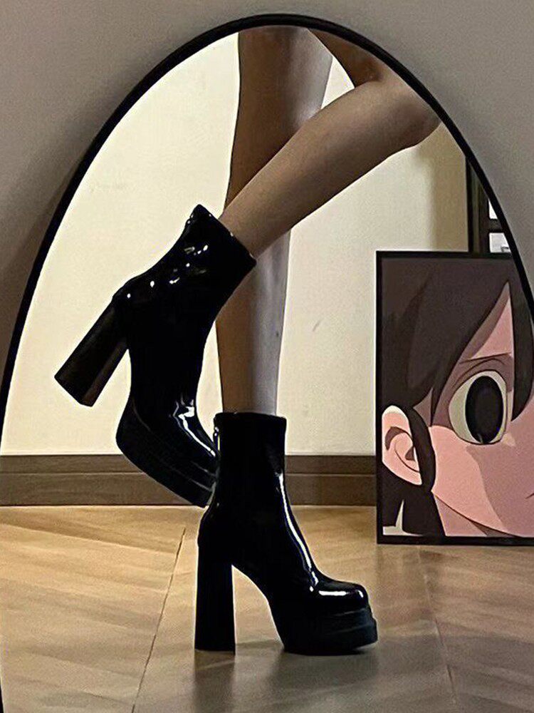 Maeve Women's Platform Ankle Boots - Patent Block-Heel, Black