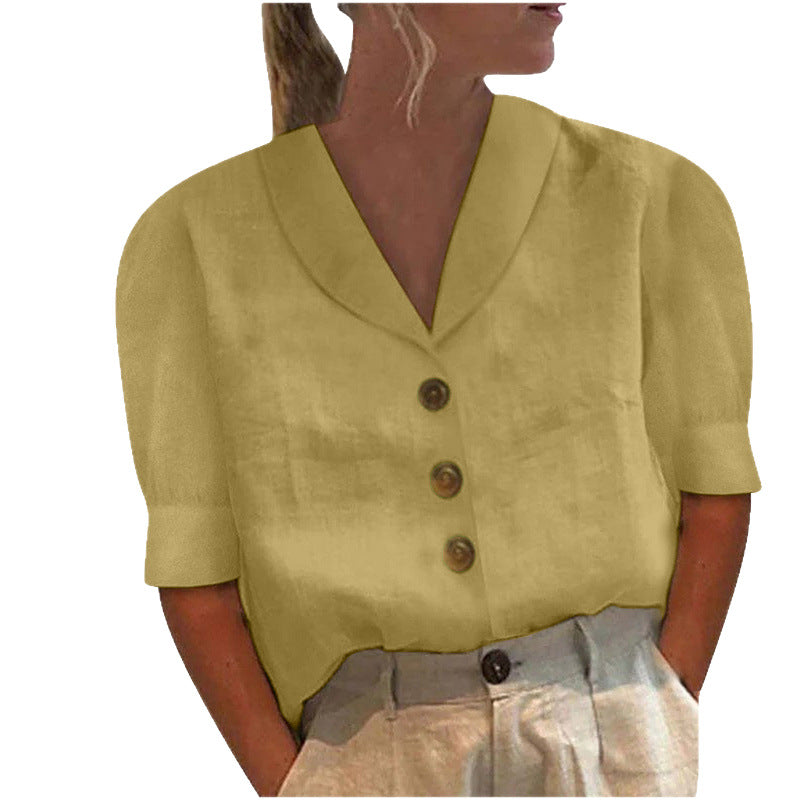 Women's Linen Blouse Cotton Linen, Lapel Collar, Button Front, Short Sleeve