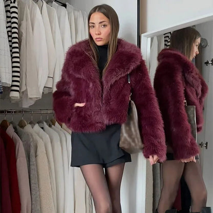 Maeve & Co Women's Faux Fur Trim Coat - Turn-Down Collar Short Jacket, Long Sleeve, Burgundy