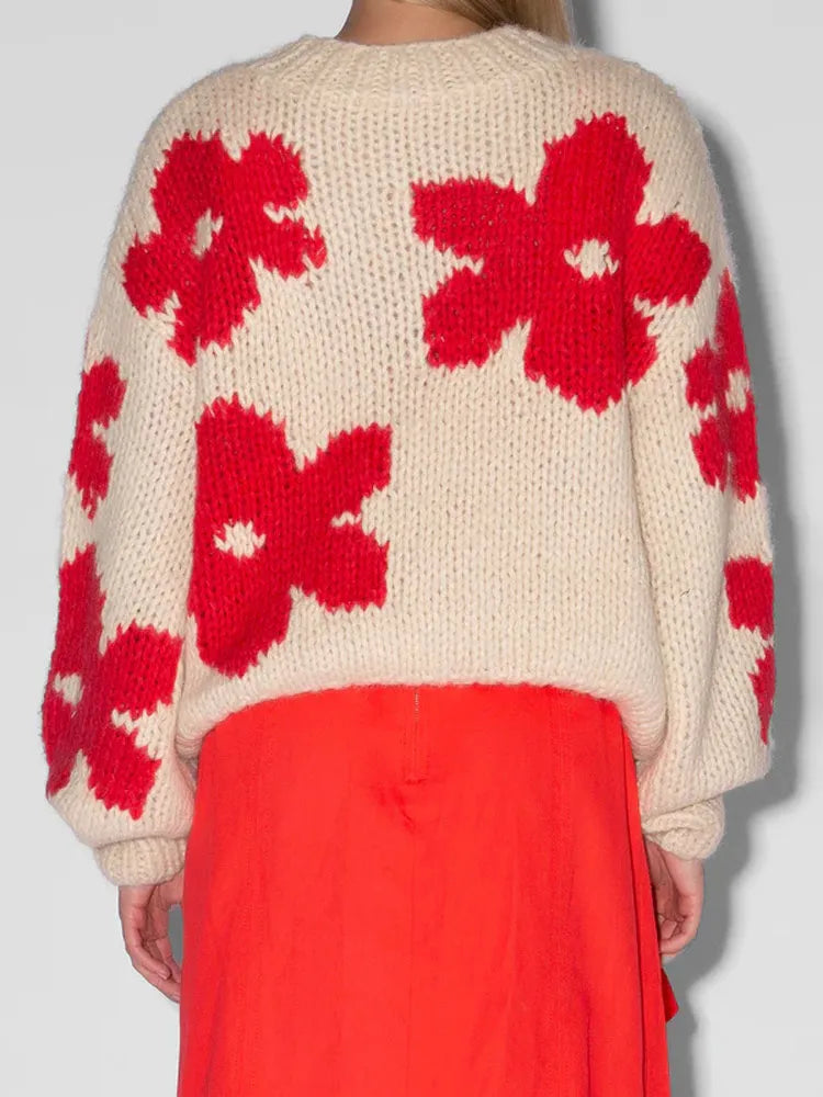 Maeve & Co Women's Floral Jumper - Crew Neck Ribbed Sleeve Chunky Knit Pullover, White & Red