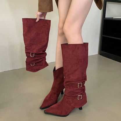 Maeve Women's Knee-High Slouch Boots - Suede-Effect Buckle, Pointed