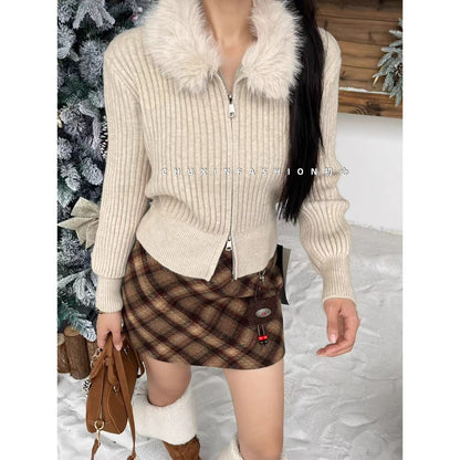 Maeve & Co Women's Cardigan Coat - Detachable Faux Fur Collar Zip-Up Knit Jacket