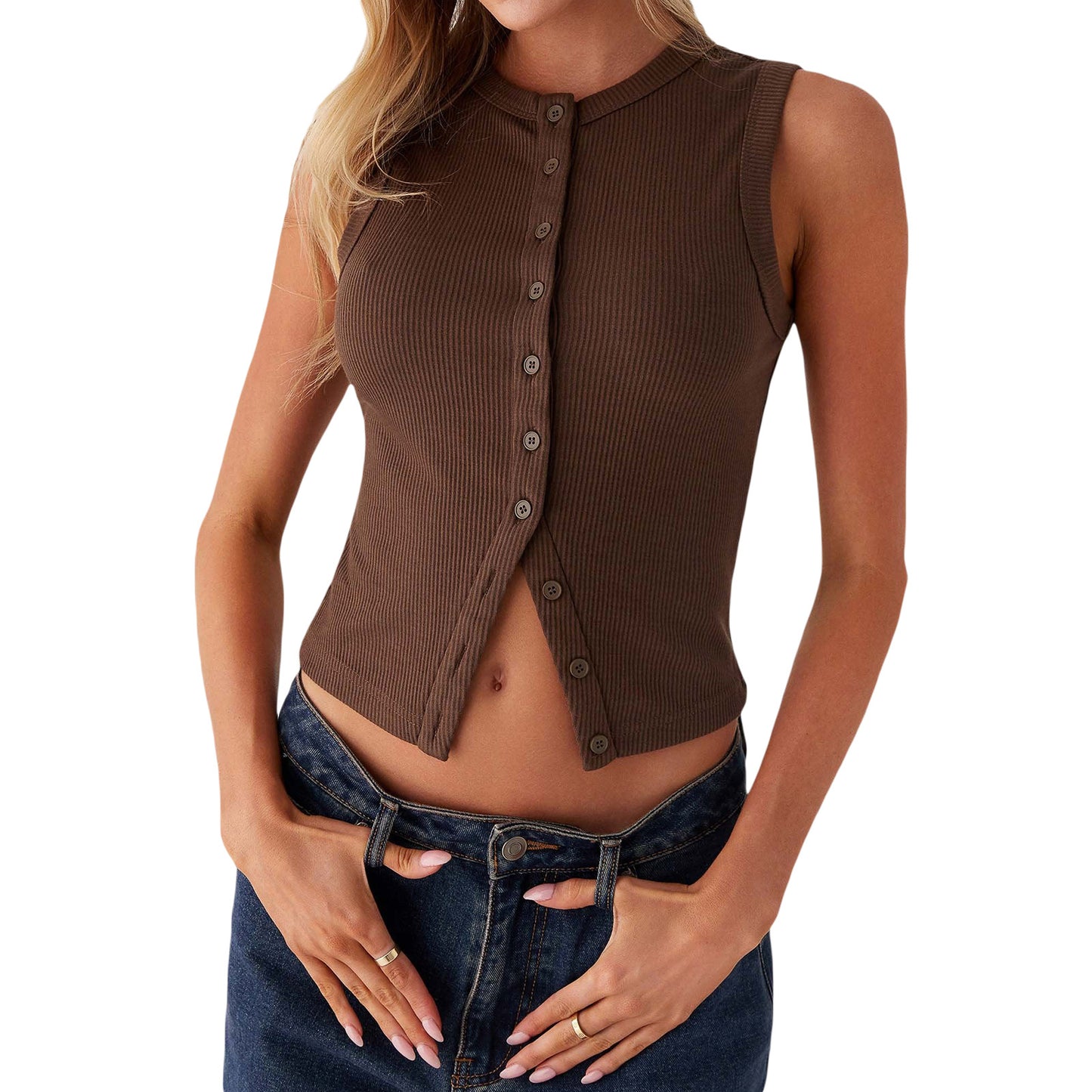 Women's Button Vest Top  Fitted, V Hem, Sleeveless, Going Out Top