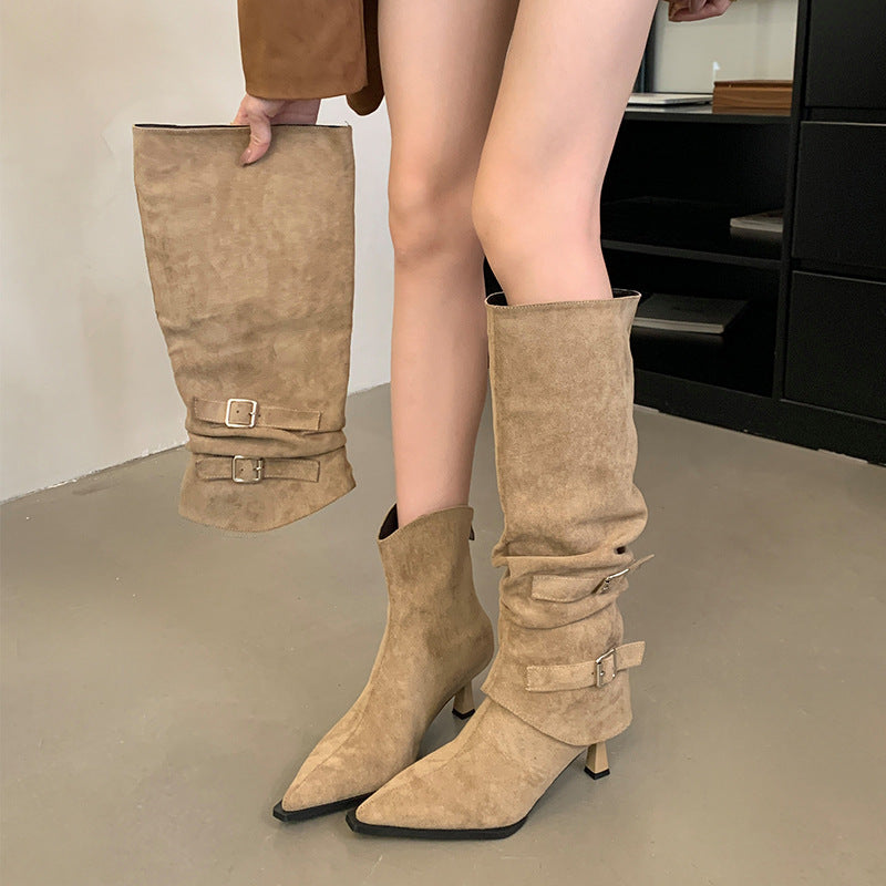Maeve Women's Knee-High Slouch Boots - Suede-Effect Buckle, Pointed